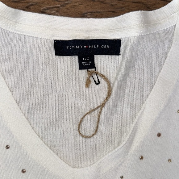 TOMMY HILFIGER White V-Neck Sweater with Stud Accents - Picture 3 of 6